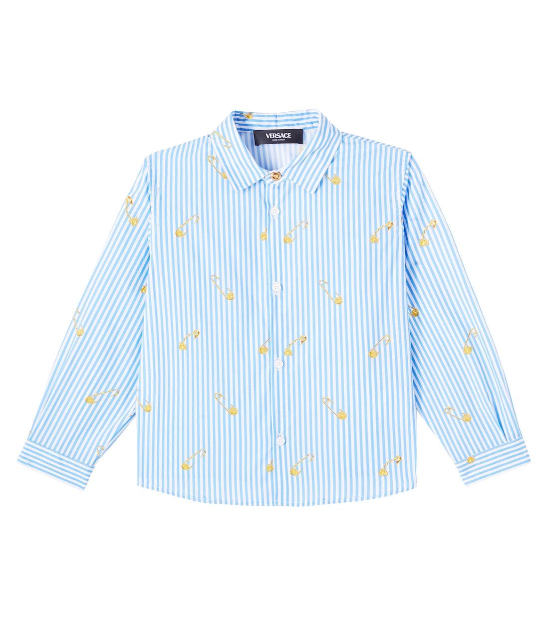 Рубашка из хлопка в бенгальскую полоску с изображением безопасной булавки Versace Kids, Powder Blue + Gold
Рубашка из хлопка в бенгальскую полоску с изображением безопасной булавки Versace Kids, Powder Blue + Gold