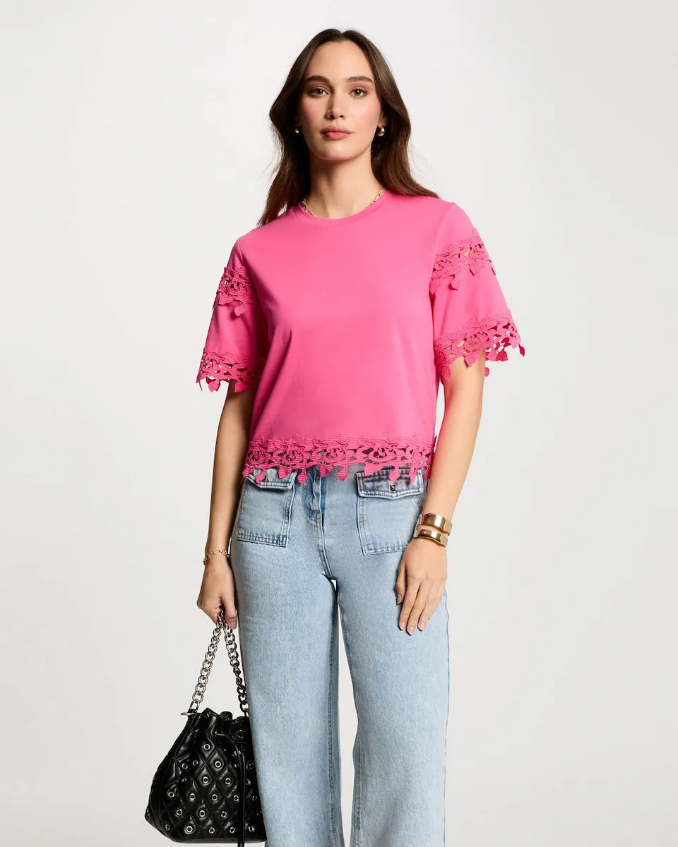 Женская футболка с коротким рукавом и аппликациями из гипюрового кружева Morgan, розовый
Женская футболка с коротким рукавом и аппликациями из гипюрового кружева Morgan, розовый