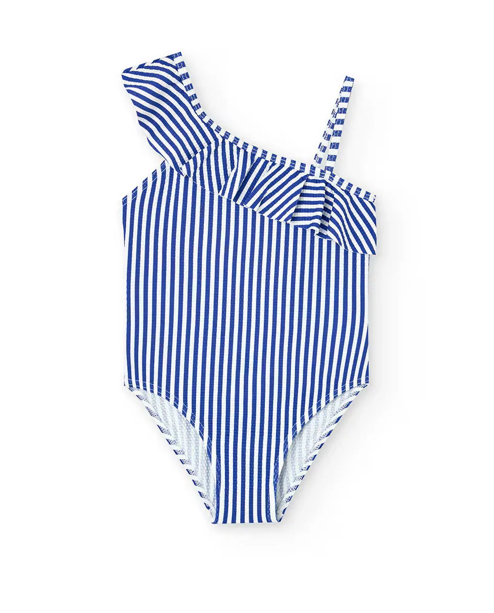 Асимметричный купальник для девочки с полосатым принтом Boboli, синий 
Асимметричный купальник для девочки с полосатым принтом Boboli, синий