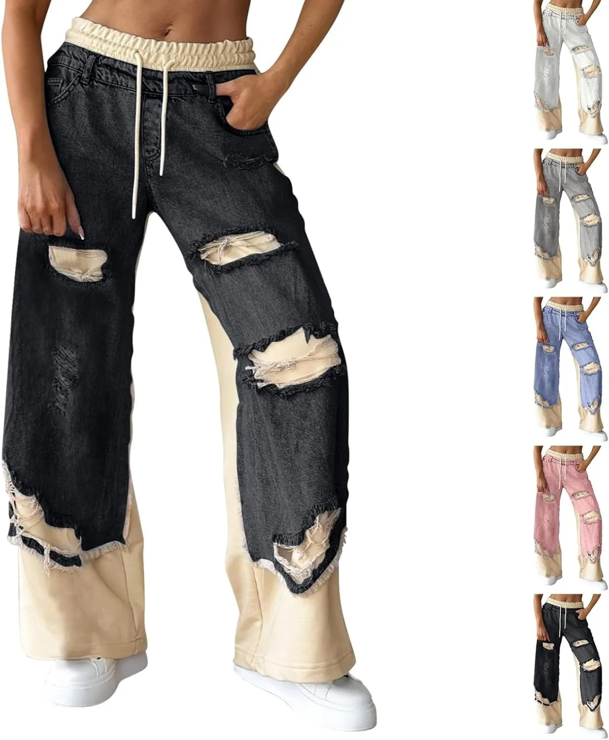 Женские брюки-джинсы Wide Leg с потертостями и шнурком на талии
Женские брюки-джинсы Wide Leg с потертостями и шнурком на талии