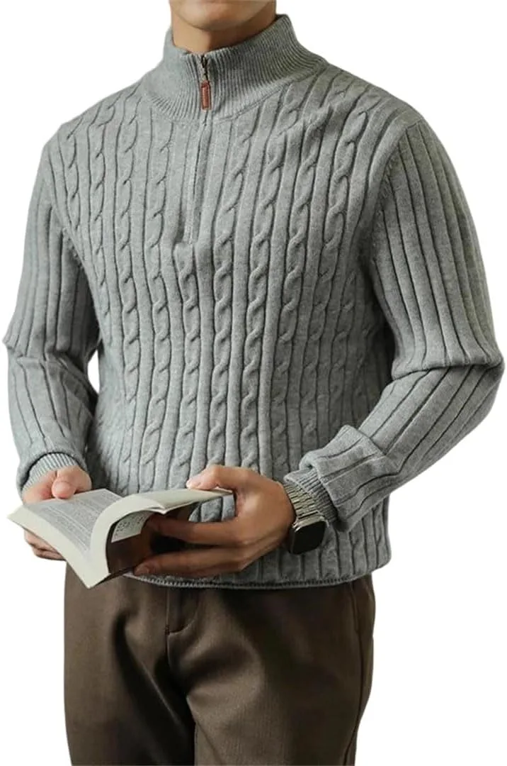 Мужской осенне-зимний свитер с кабельной вязкой и полумолнией
Мужской осенне-зимний свитер с кабельной вязкой и полумолнией