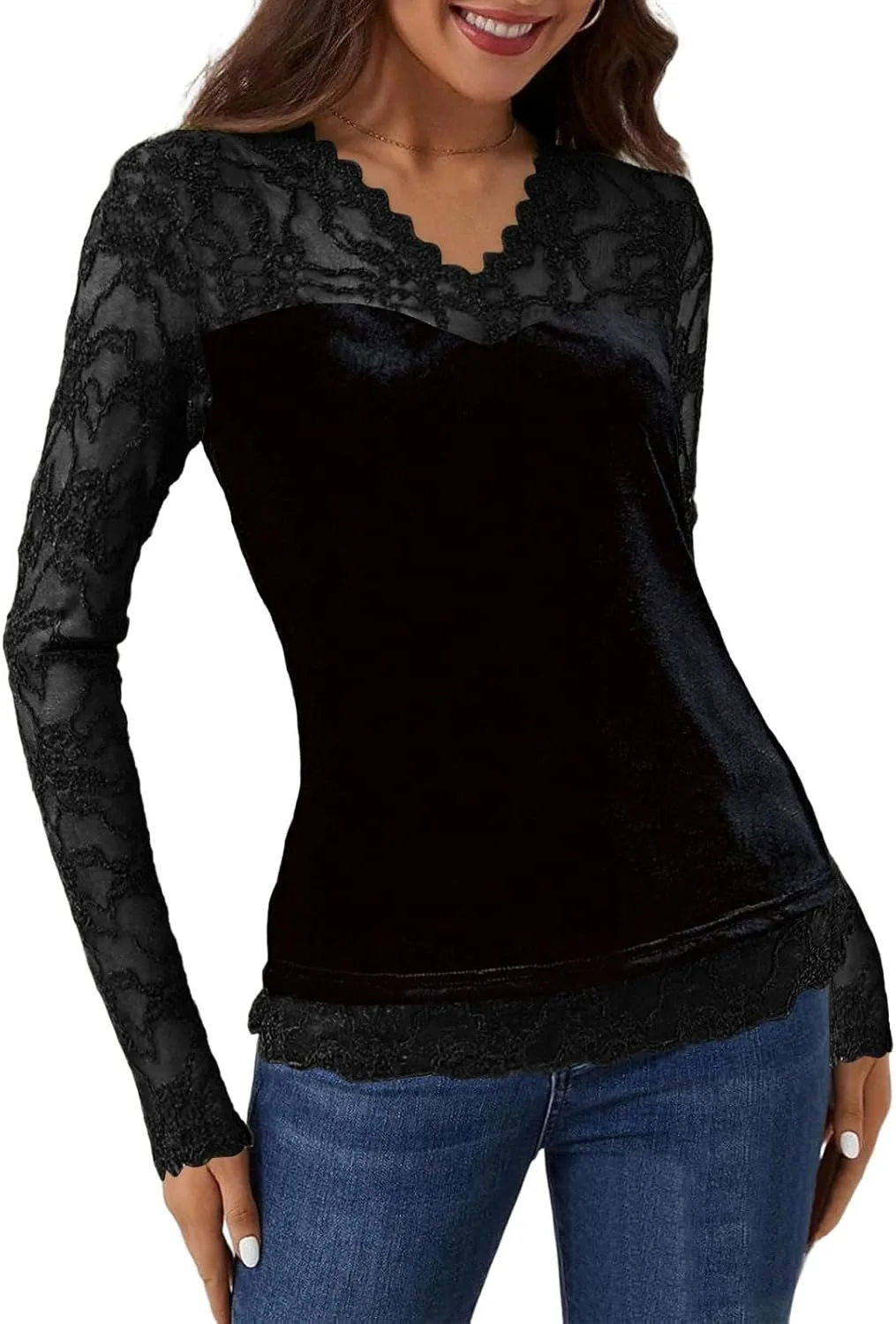 Сексуальный топ для женщин с длинными рукавами Slim Fit, отделка кружевом, приталенный базовый слой, бархатный пэчворк
Сексуальный топ для женщин с длинными рукавами Slim Fit, отделка кружевом, приталенный базовый слой, бархатный пэчворк