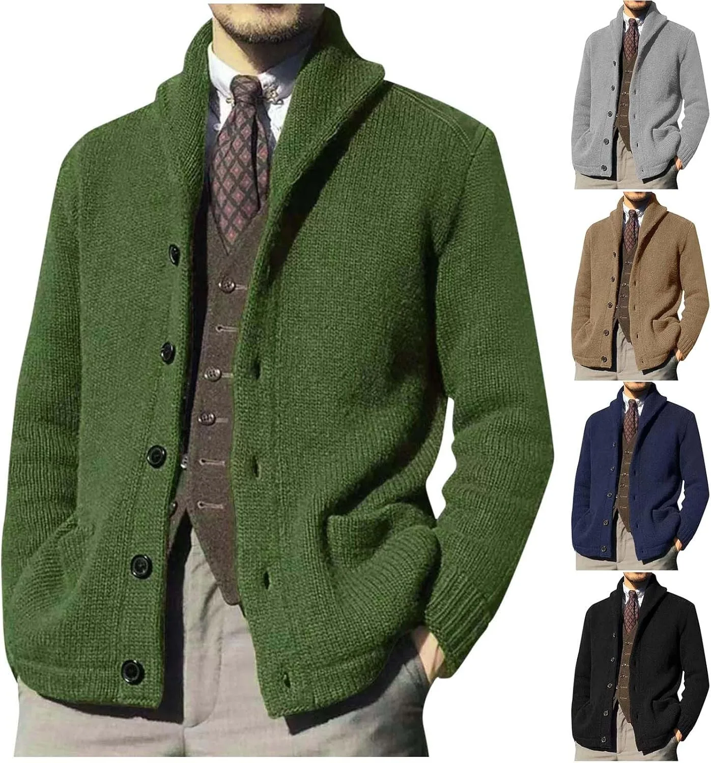 Мужской кардиган с воротником шаль на пуговицах, с длинными рукавами и карманами
Мужской кардиган с воротником шаль на пуговицах, с длинными рукавами и карманами