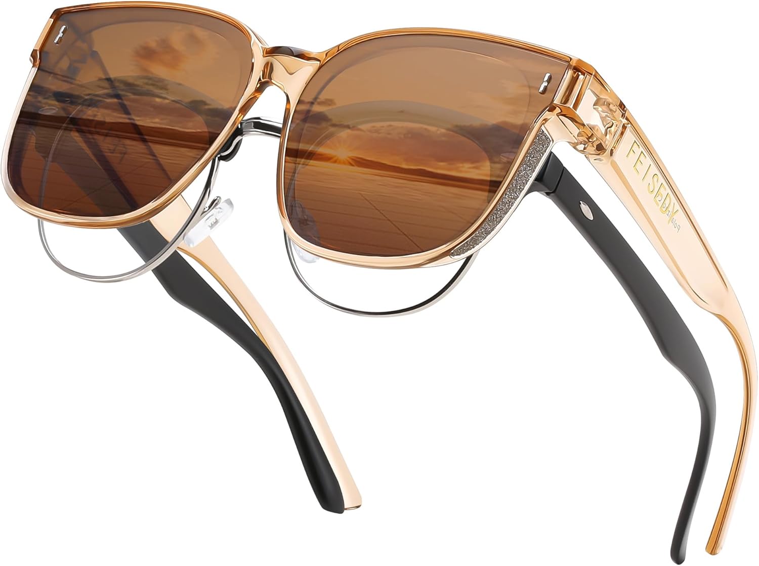 Солнцезащитные очки FEISEDY, надеваемые поверх обычных очков, увеличенного размера, поляризованные, блестящие, для женщин, защита от ультрафиолета UV400, артикул B0269, Champagne Frame & Tea
Солнцезащитные очки FEISEDY, надеваемые поверх обычных очков, увеличенного размера, поляризованные, блестящие, для женщин, защита от ультрафиолета UV400, артикул B0269, Champagne Frame & Tea