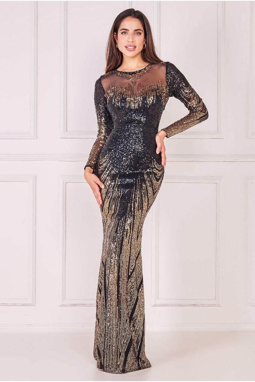 Макси с длинными рукавами и ацтекскими пайетками Goddiva, золото, Желтый, Макси с длинными рукавами и ацтекскими пайетками Goddiva, золото