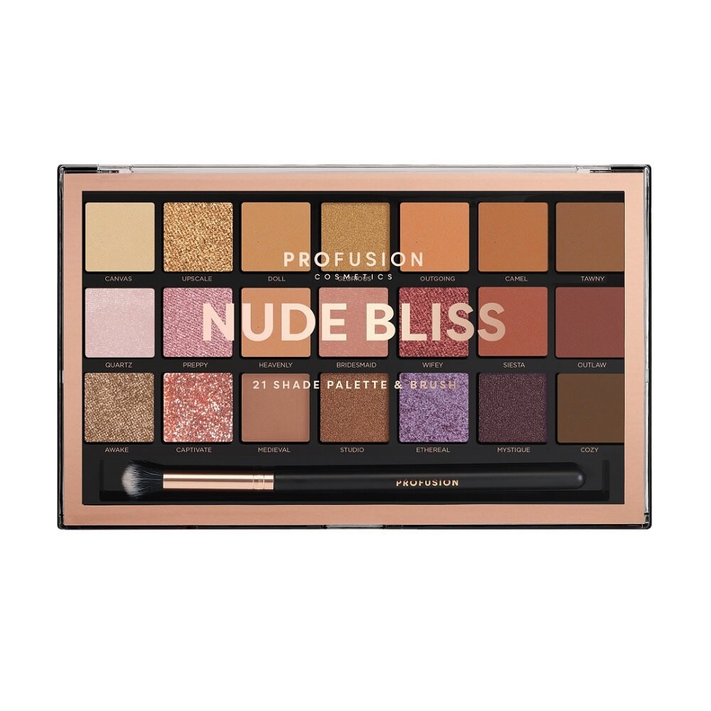 Profusion, Nude Bliss Eyeshadow, палетка из 21 оттенка теней с кисточкой
Profusion, Nude Bliss Eyeshadow, палетка из 21 оттенка теней с кисточкой
