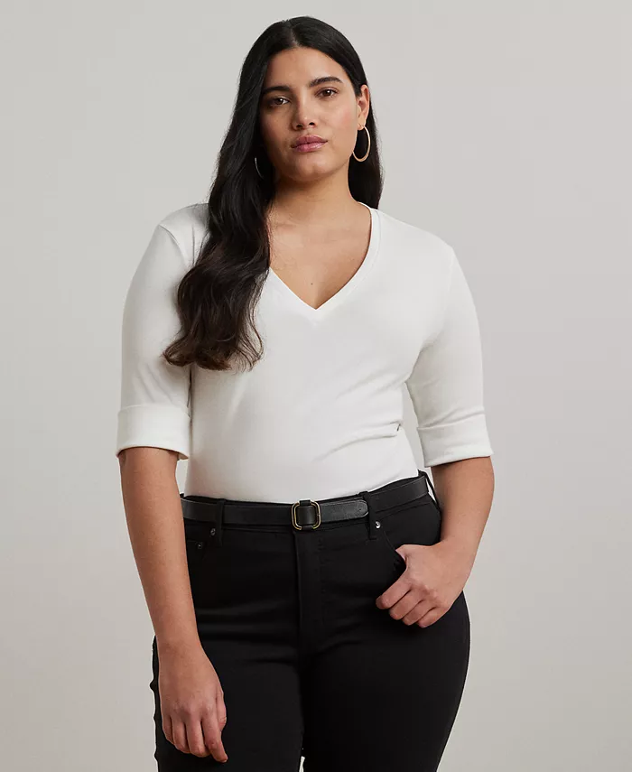 Футболка с V-образным вырезом и рукавом до локтя из эластичного хлопка, plus size Lauren Ralph Lauren, белый
Футболка с V-образным вырезом и рукавом до локтя из эластичного хлопка, plus size Lauren Ralph Lauren, белый