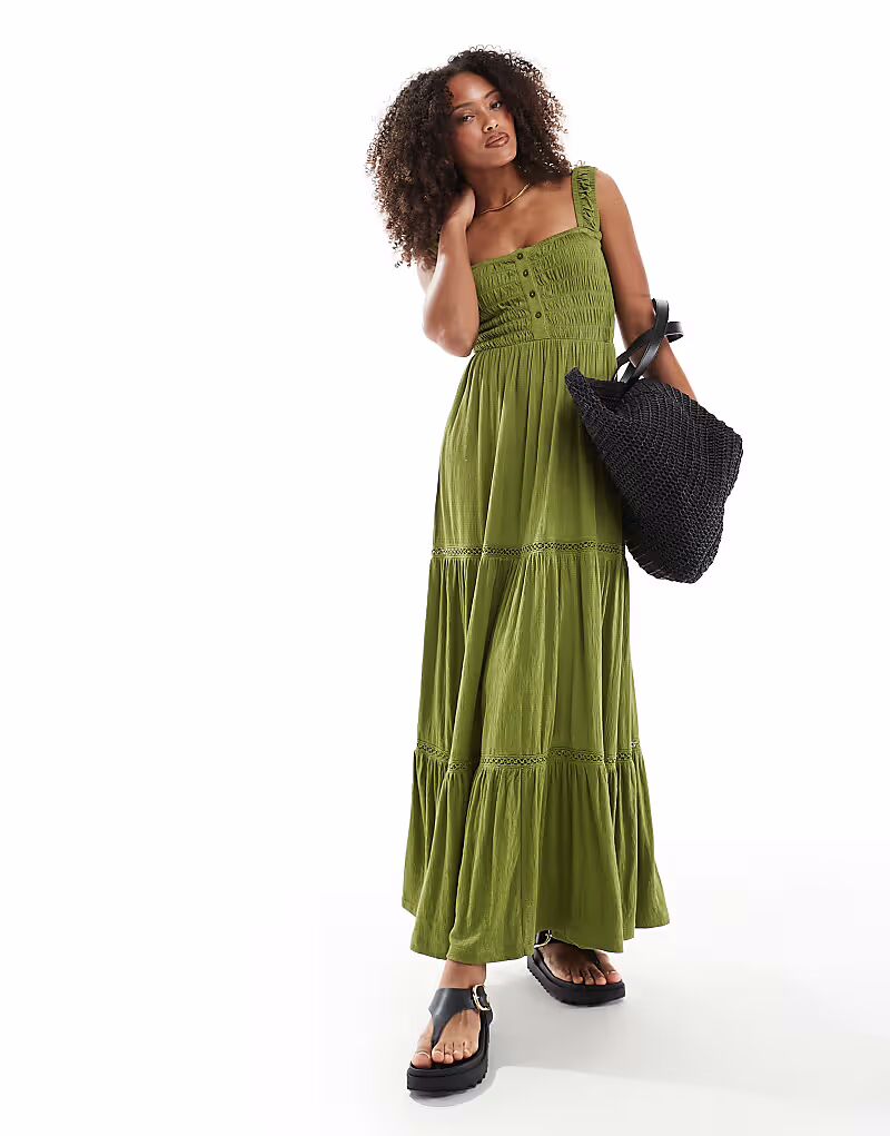 Платье миди с квадратным вырезом, многослойным кроем и кружевными вставками от ASOS DESIGN оливкового цвета - MGREEN 
Платье миди с квадратным вырезом, многослойным кроем и кружевными вставками от ASOS DESIGN оливкового цвета - MGREEN