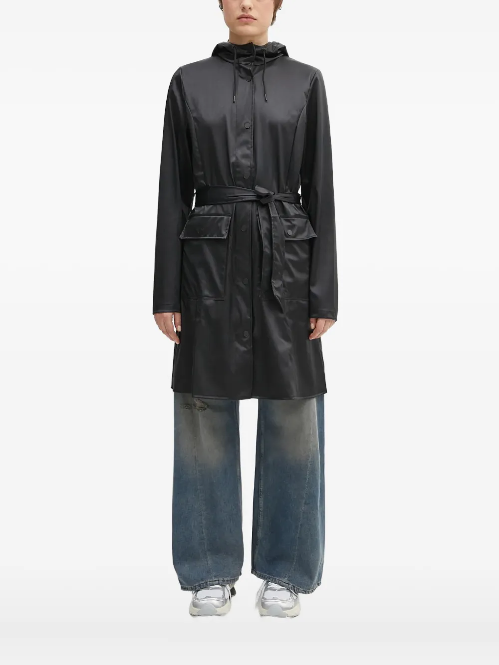 Плащ с капюшоном и поясом Rains, черный 
Плащ с капюшоном и поясом Rains, черный