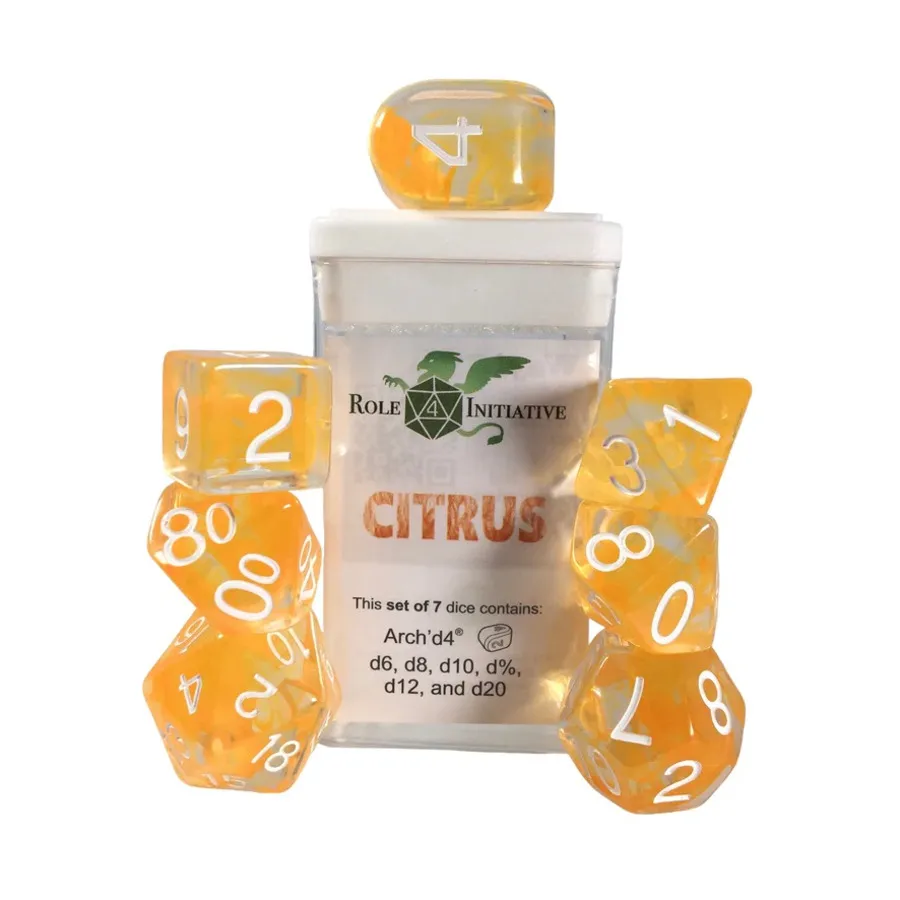 Многогранные игральные кости — цитрусовые с белым, Arch'd4 (7), Game Dice - Diffusion (Role 4 Initiative)
Многогранные игральные кости — цитрусовые с белым, Arch'd4 (7), Game Dice - Diffusion (Role 4 Initiative)