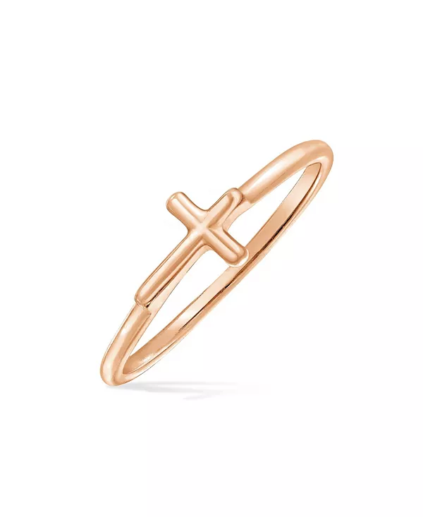Минималистичное простое кольцо средней длины с тонким браслетом 1 мм, с религиозным крестом сбоку, позолоченное серебро 925 пробы Bling Jewelry, rose