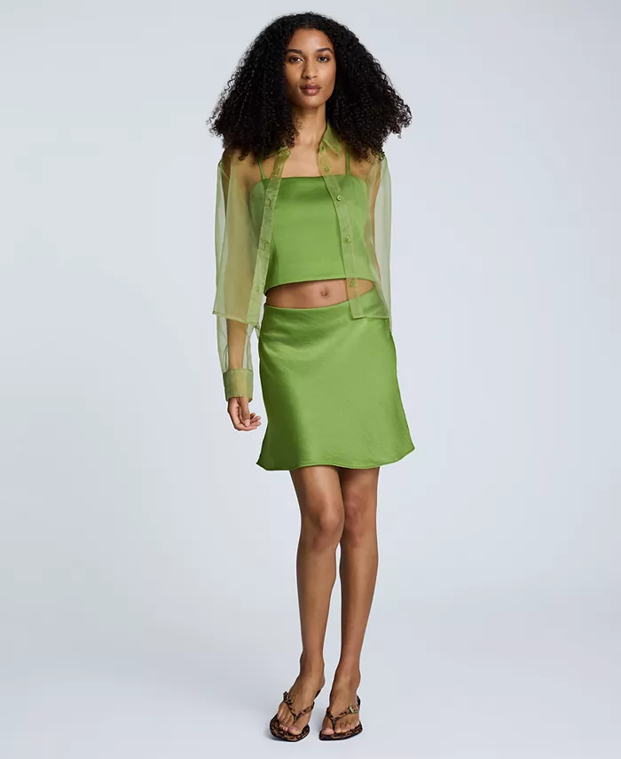 Женская укороченная рубашка из органзы на пуговицах спереди, укороченный атласный топ-бюстье и мини-юбка с косым кроем, застегивающаяся на пуговицы Kenneth Cole, зеленый
Женская укороченная рубашка из органзы на пуговицах спереди, укороченный атласный топ-бюстье и мини-юбка с косым кроем, застегивающаяся на пуговицы Kenneth Cole, зеленый