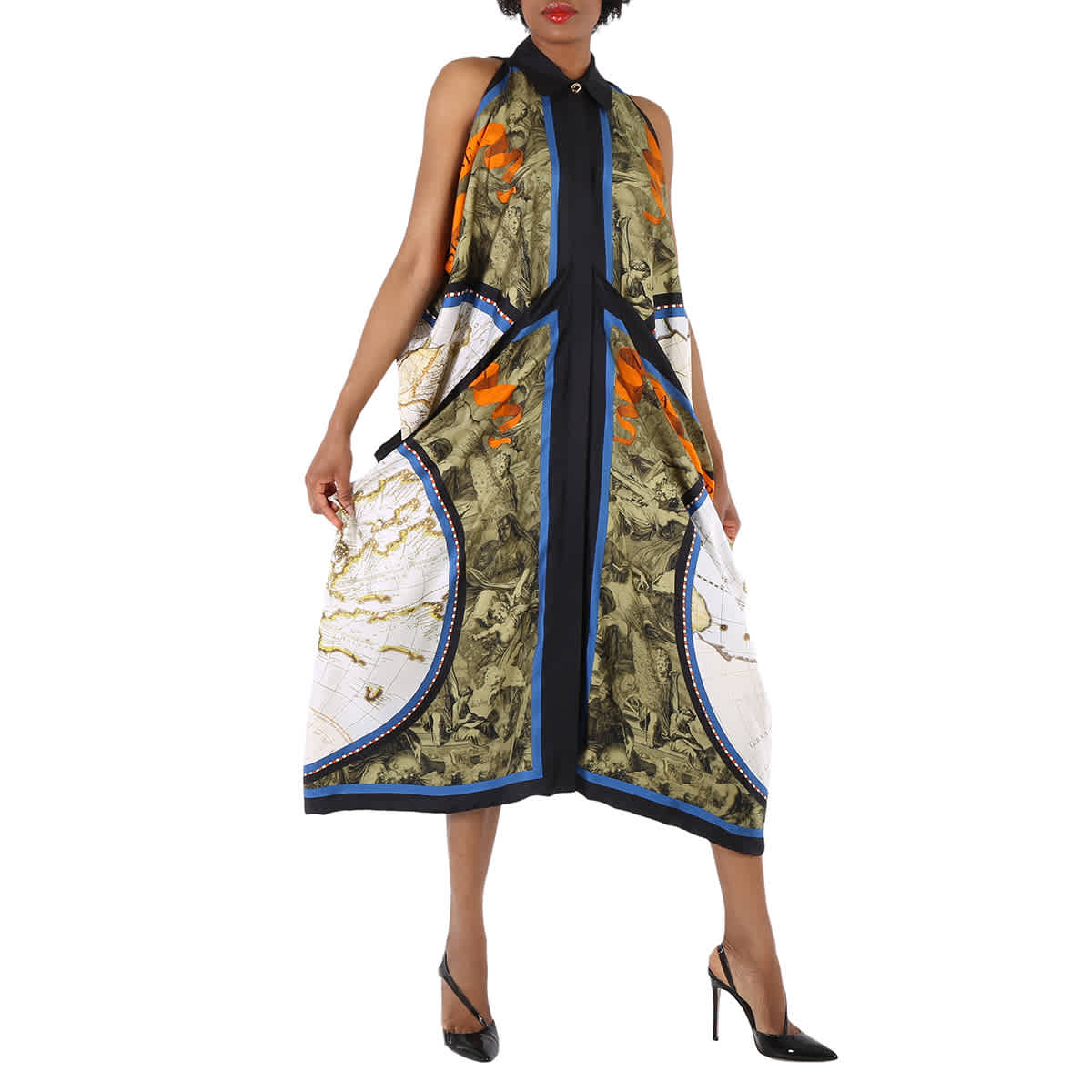 Женское платье из драпированного шелка Burberry Ladies Antique Green с принтом карты
Женское платье из драпированного шелка Burberry Ladies Antique Green с принтом карты