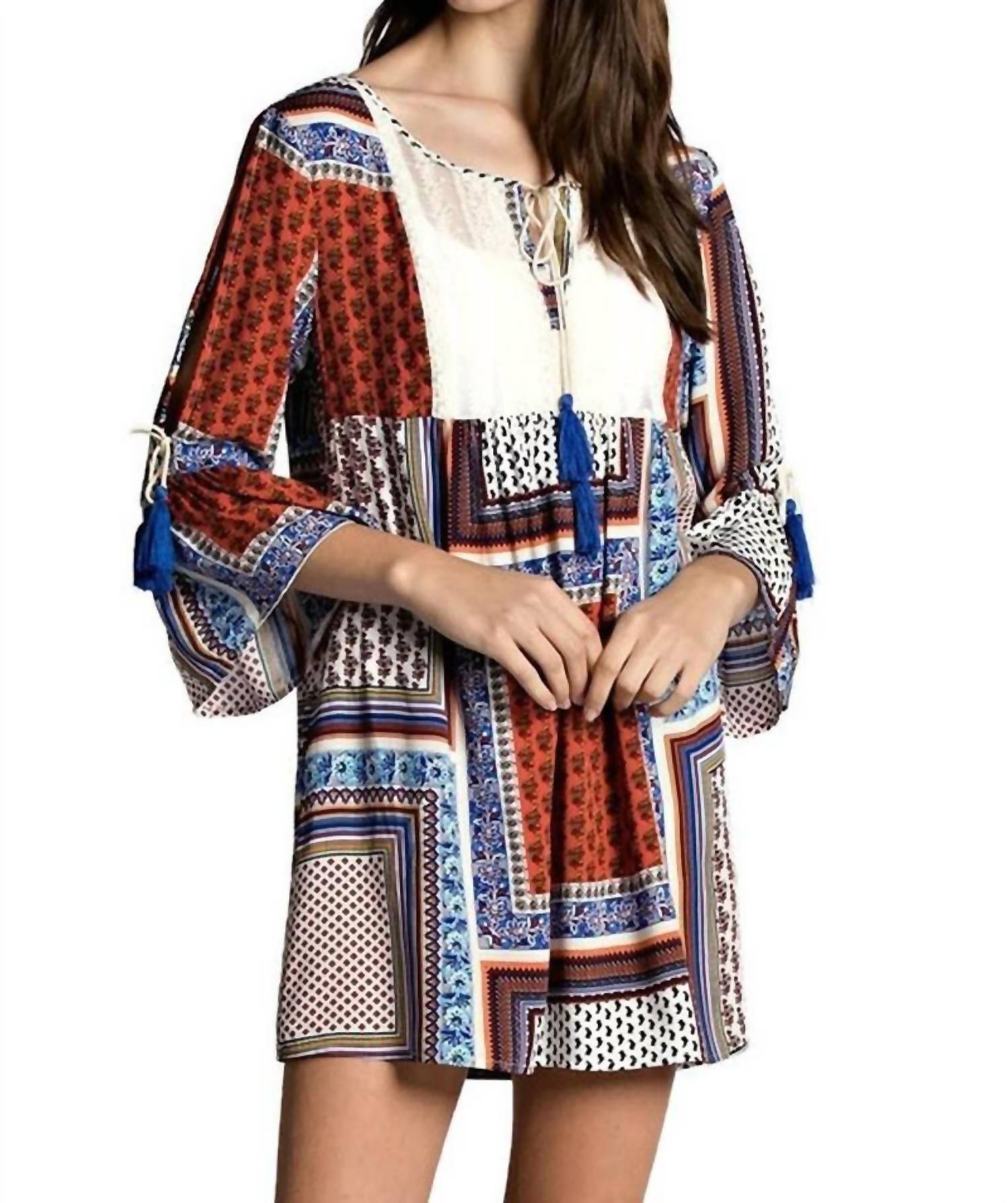 Платье с кисточками и кружевом в оранжевом миксе KORI 
Платье с кисточками и кружевом в оранжевом миксе KORI