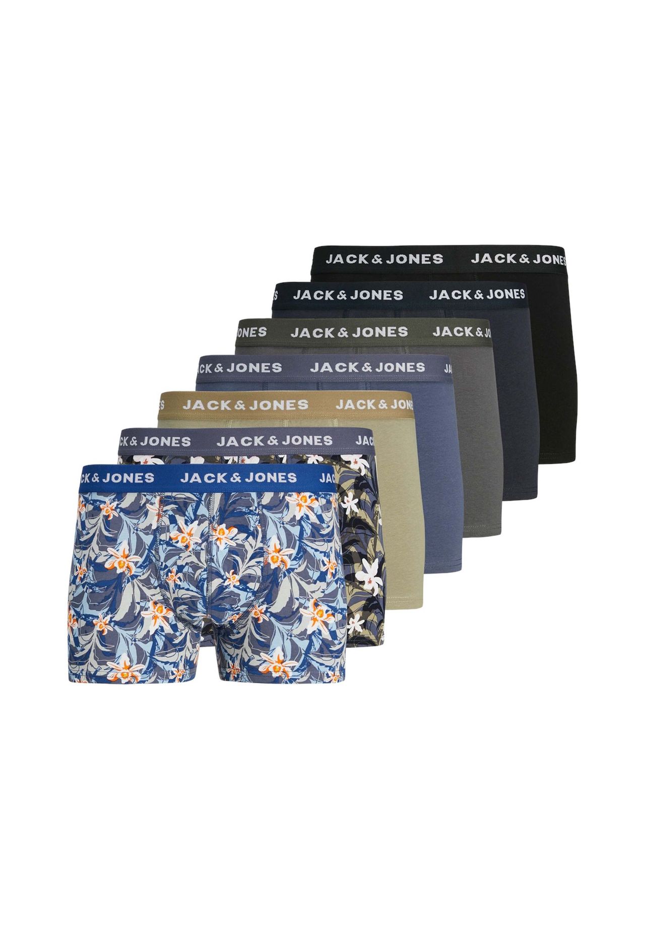 Мужские шорты-боксеры, 7 шт - JACMASON FLOWER TRUNKS, цветочный узор, пояс с логотипом JACK & JONES, цвет Gr_n/blau/schwarz
Мужские шорты-боксеры, 7 шт - JACMASON FLOWER TRUNKS, цветочный узор, пояс с логотипом JACK & JONES, цвет Gr_n/blau/schwarz
