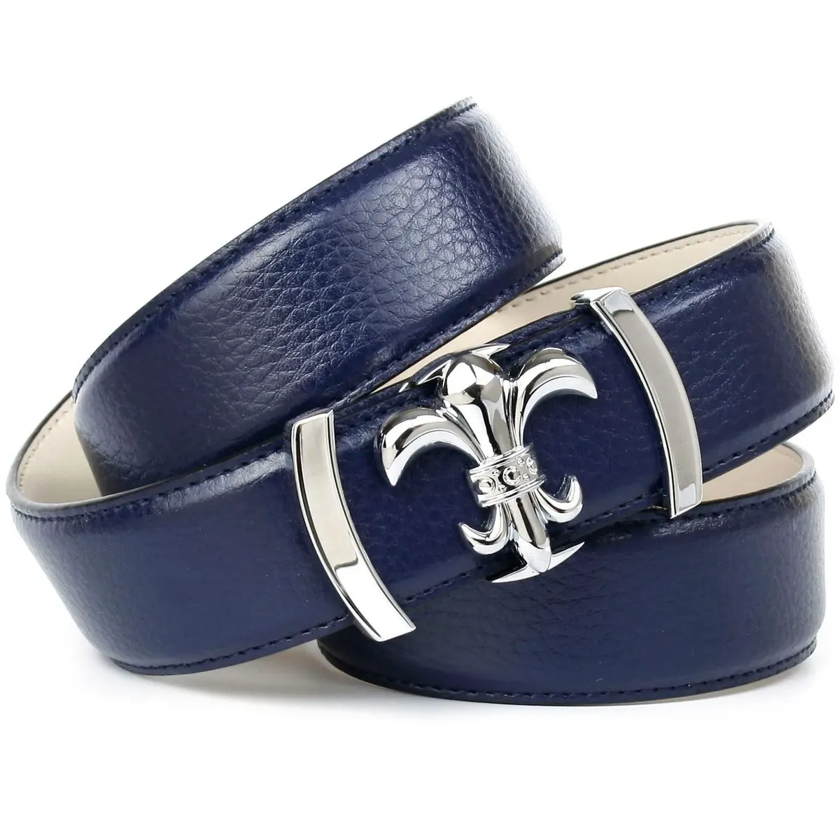 Кожаный ремень Anthoni Crown, с застежкой в виде лилии, прошитые края, синий
Кожаный ремень Anthoni Crown, с застежкой в виде лилии, прошитые края, синий