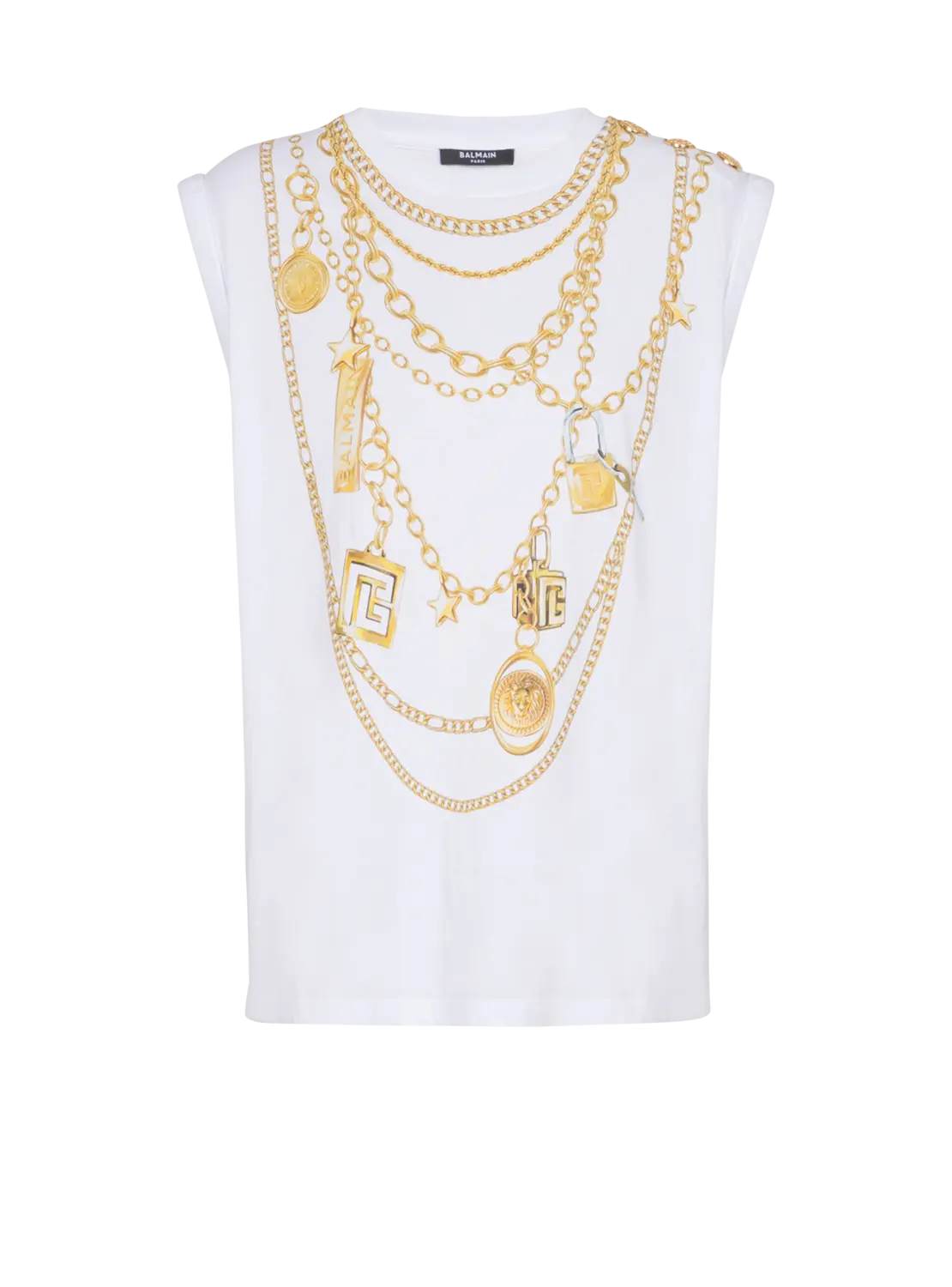 Майка с принтом в стиле тромплей и узором "ожерелье" Balmain, белый
Майка с принтом в стиле тромплей и узором "ожерелье" Balmain, белый