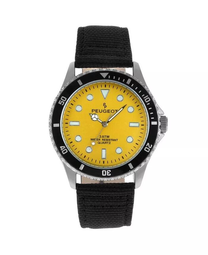 Мужские спортивные часы с безелем, желтым циферблатом и черным ремешком из парусины Peugeot, желтый
Мужские спортивные часы с безелем, желтым циферблатом и черным ремешком из парусины Peugeot, желтый