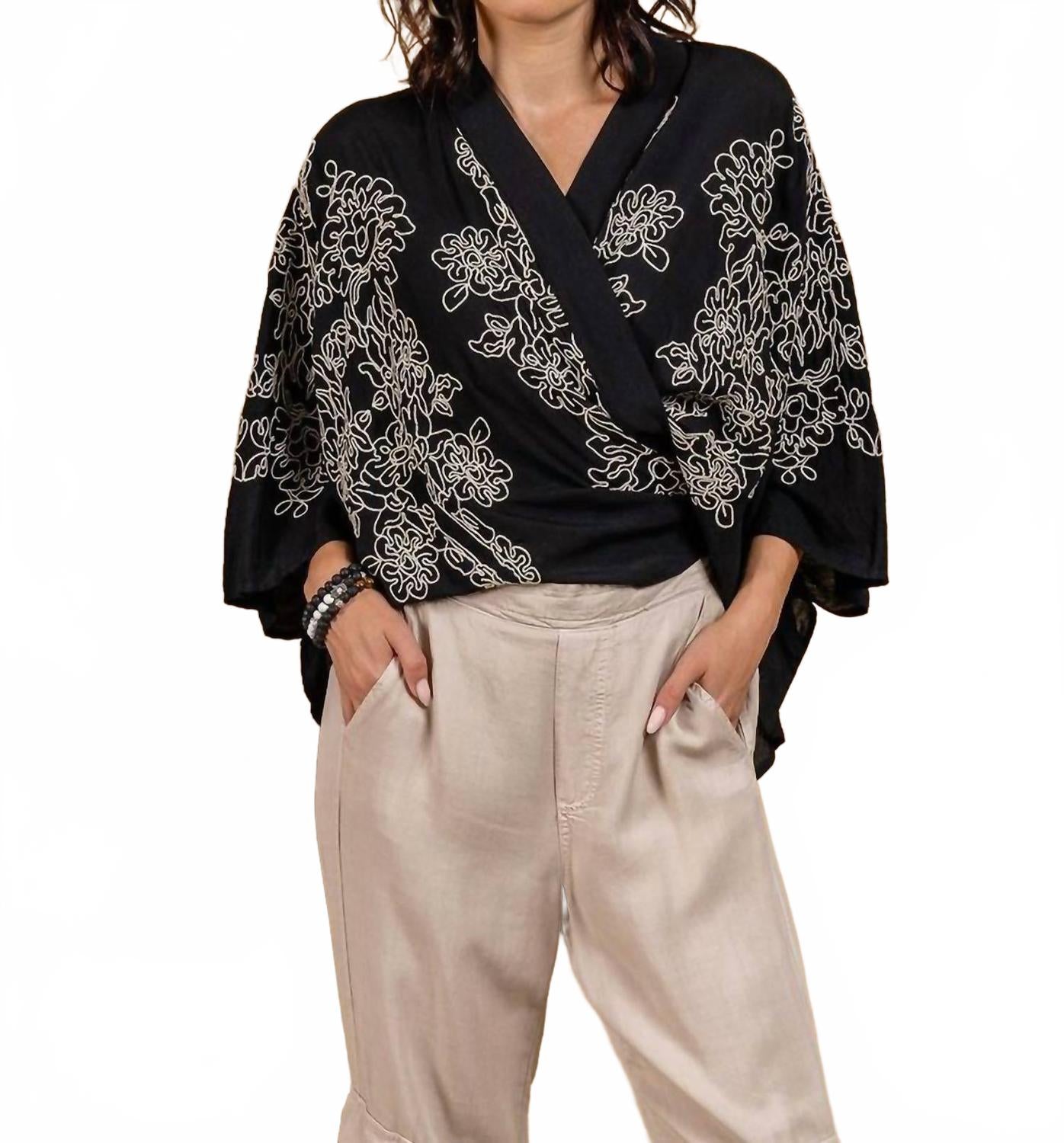 Женская черная блузка с вышивкой и завязками спереди PAPARAZZI
Женская черная блузка с вышивкой и завязками спереди PAPARAZZI