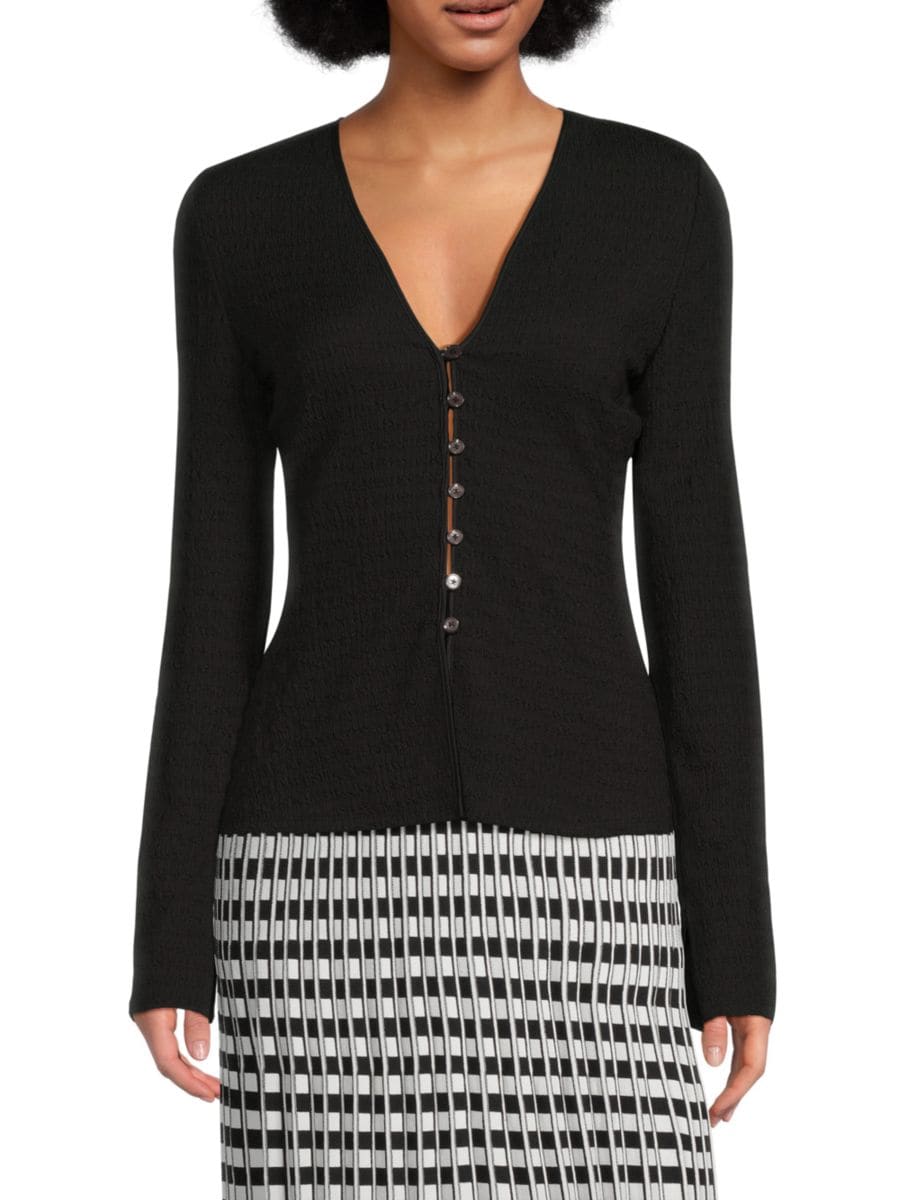 Текстурированный топ Esmee с V-образным вырезом и застежкой на пуговицы спереди Derek Lam 10 Crosby, черный
Текстурированный топ Esmee с V-образным вырезом и застежкой на пуговицы спереди Derek Lam 10 Crosby, черный