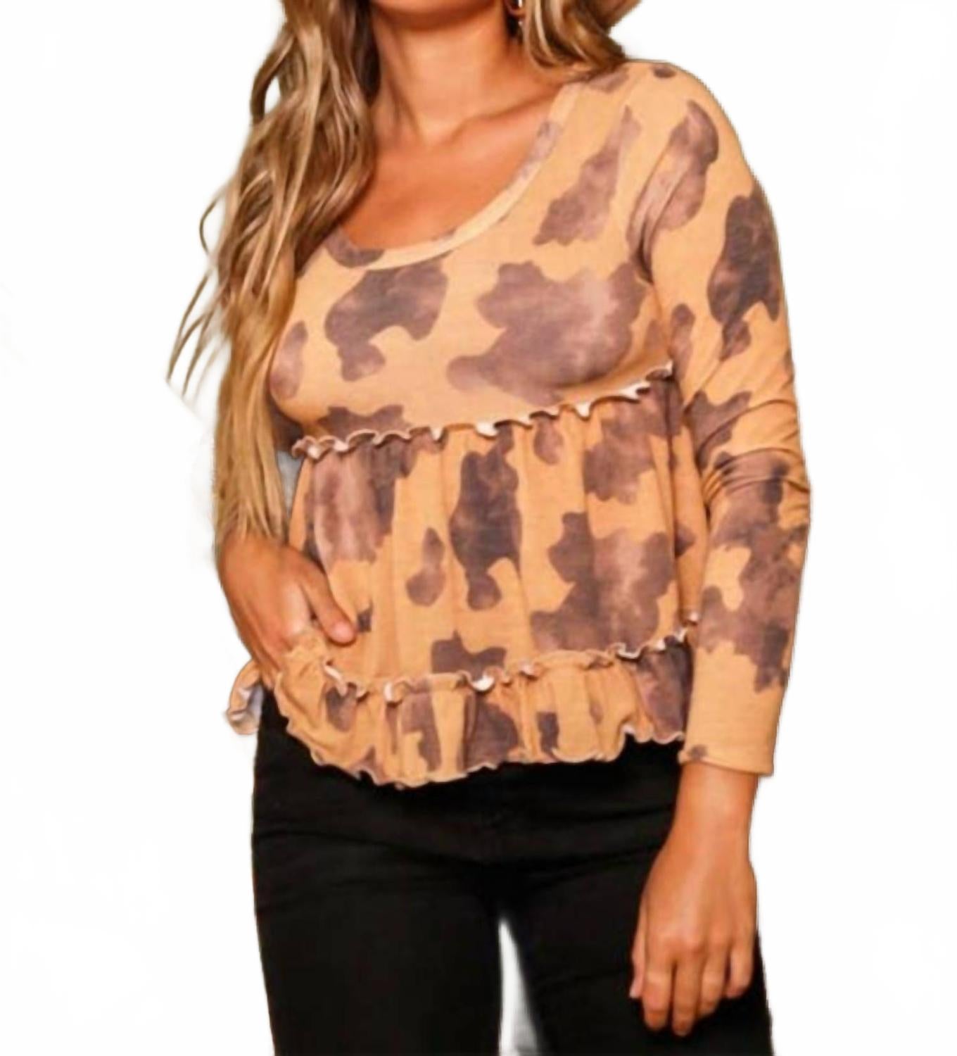 Коричневый топ-бэбидолл с вязаным рюшами в коровьем принте Peach Love
Коричневый топ-бэбидолл с вязаным рюшами в коровьем принте Peach Love