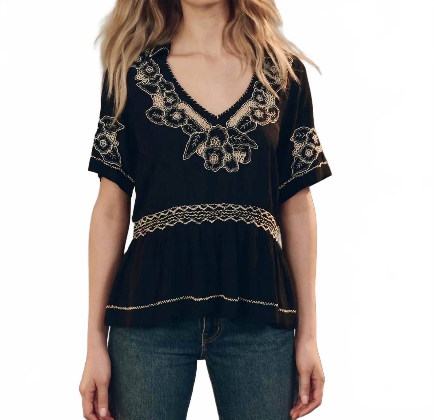 Crest V Neck Short Sleeve Top In Black - Топ с V-образным вырезом и короткими рукавами черный THE GREAT
Crest V Neck Short Sleeve Top In Black - Топ с V-образным вырезом и короткими рукавами черный THE GREAT