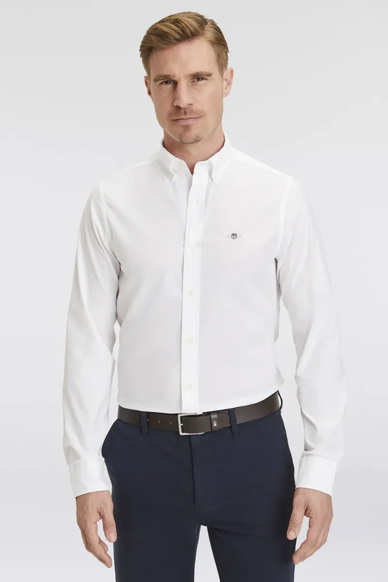 Рубашка Gant с длинными рукавами "Slim Fit Poplin Shirt, легкий хлопок, износостойкая, легкая в уходе", с классической вышивкой логотипа на груди, белый