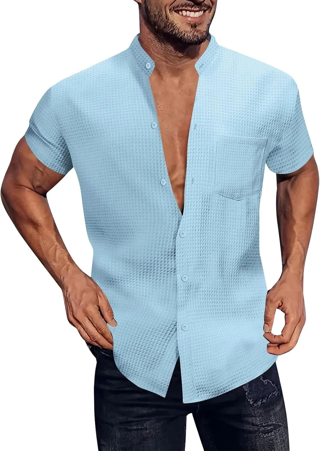 Мужская рубашка с воротником стойкой и V-образным вырезом, короткий рукав, принт, карман
Мужская рубашка с воротником стойкой и V-образным вырезом, короткий рукав, принт, карман