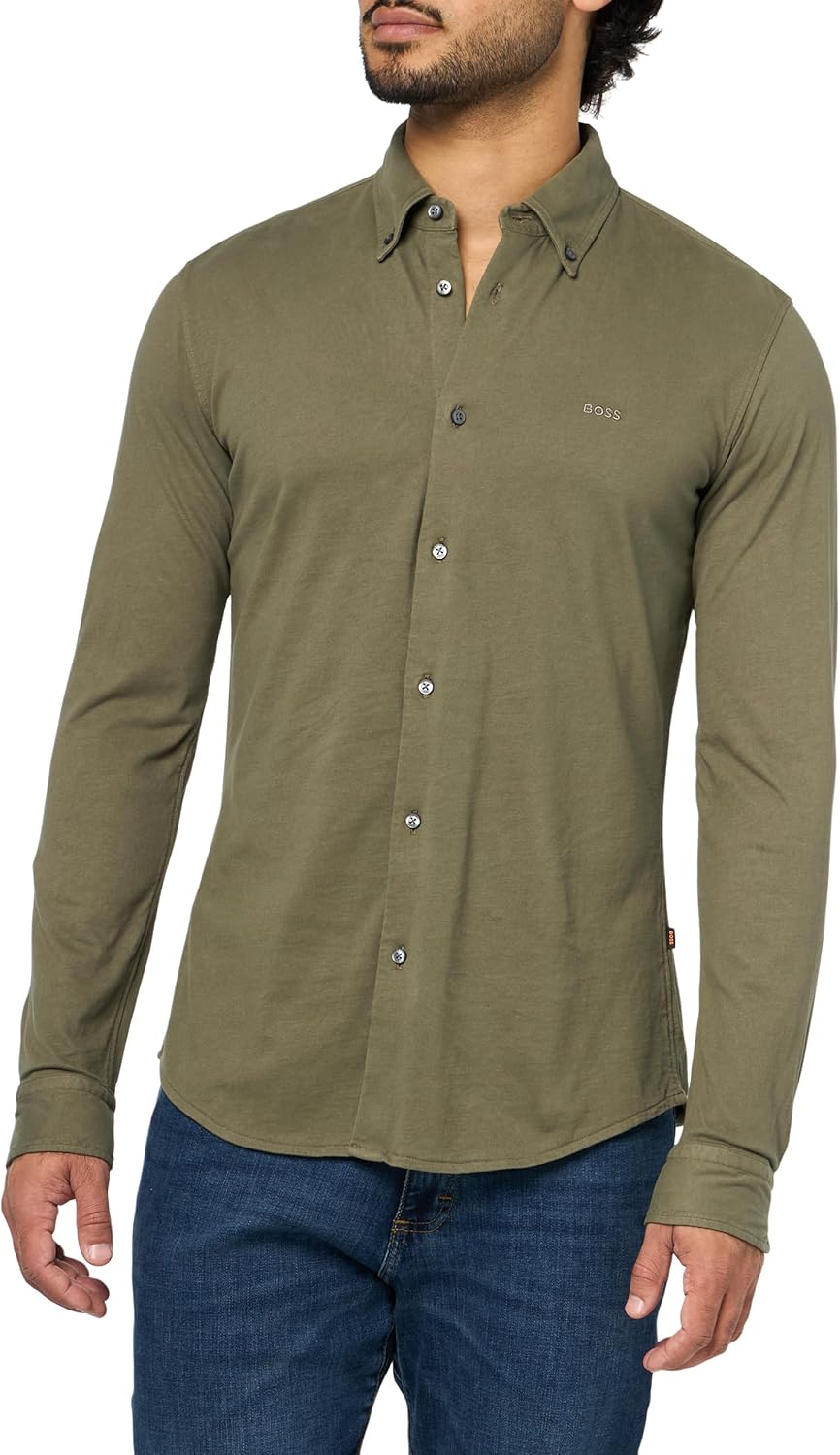 BOSS мужская рубашка на пуговицах, окрашенная в стиле garment dyed, из джерси, Kalamata Green
BOSS мужская рубашка на пуговицах, окрашенная в стиле garment dyed, из джерси, Kalamata Green