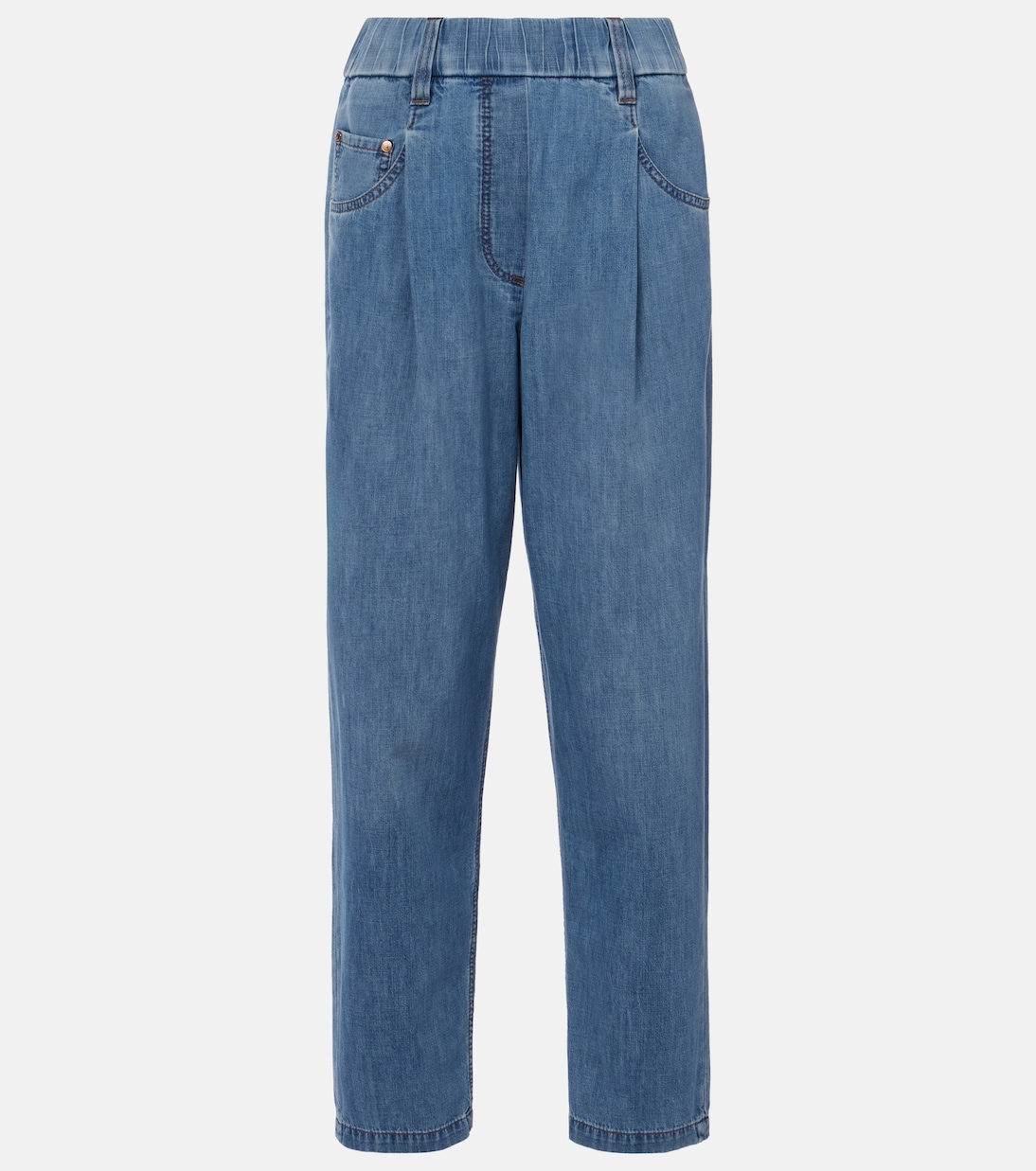 Прямые джинсы с высокой талией Brunello Cucinelli, Soft Blue Denim Senza Baffi
Прямые джинсы с высокой талией Brunello Cucinelli, Soft Blue Denim Senza Baffi