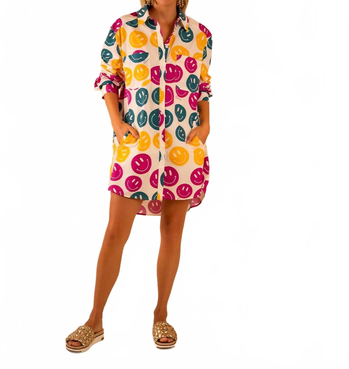 Пресли Поплин Платье-рубашка - Узор Смайлики Мультиколор Care Tucker 
Пресли Поплин Платье-рубашка - Узор Смайлики Мультиколор Care Tucker