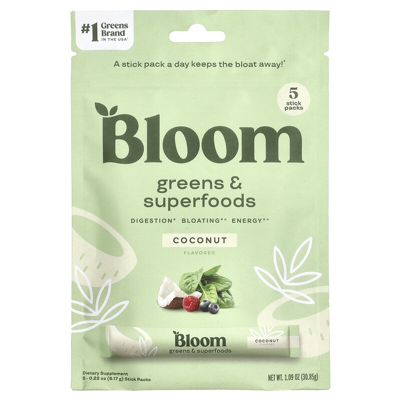 Bloom, Greens & Superfoods, кокос, 5 пакетиков в стиках по 5,44 г (0,19 унции)
Bloom, Greens & Superfoods, кокос, 5 пакетиков в стиках по 5,44 г (0,19 унции)