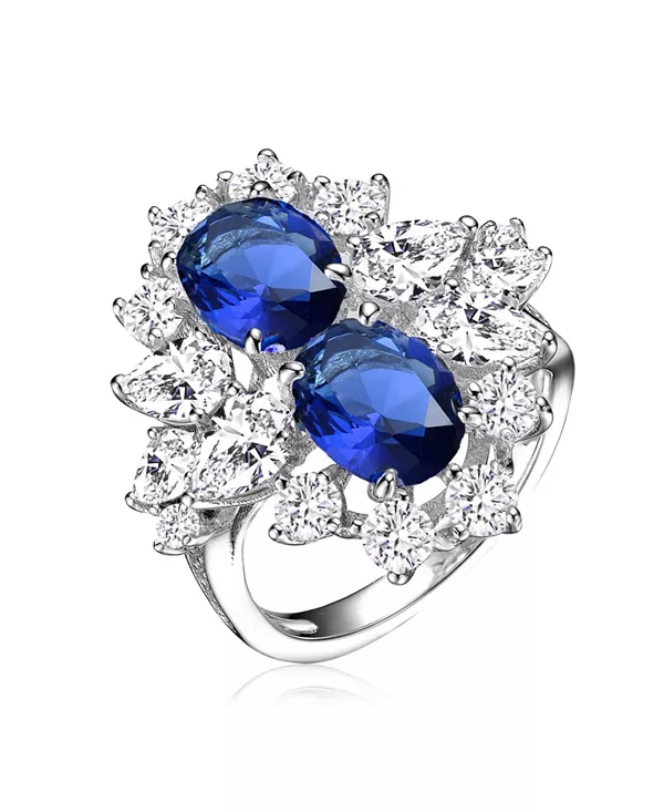 Коктейльное кольцо из стерлингового серебра с овальным камнем, покрытым белым золотом, с синим, желтым или розовым кубическим цирконием Genevive, blue