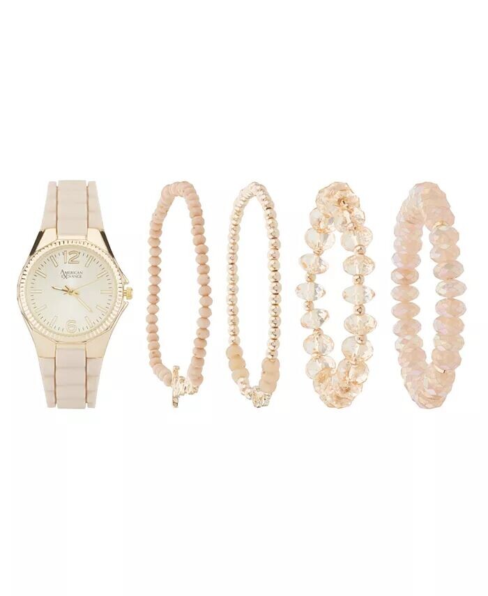 Женские аналоговые часы 35 мм на силиконовом ремешке бежевого цвета со штабелируемыми браслетами, подарочный набор American Exchange
Женские аналоговые часы 35 мм на силиконовом ремешке бежевого цвета со штабелируемыми браслетами, подарочный набор American Exchange