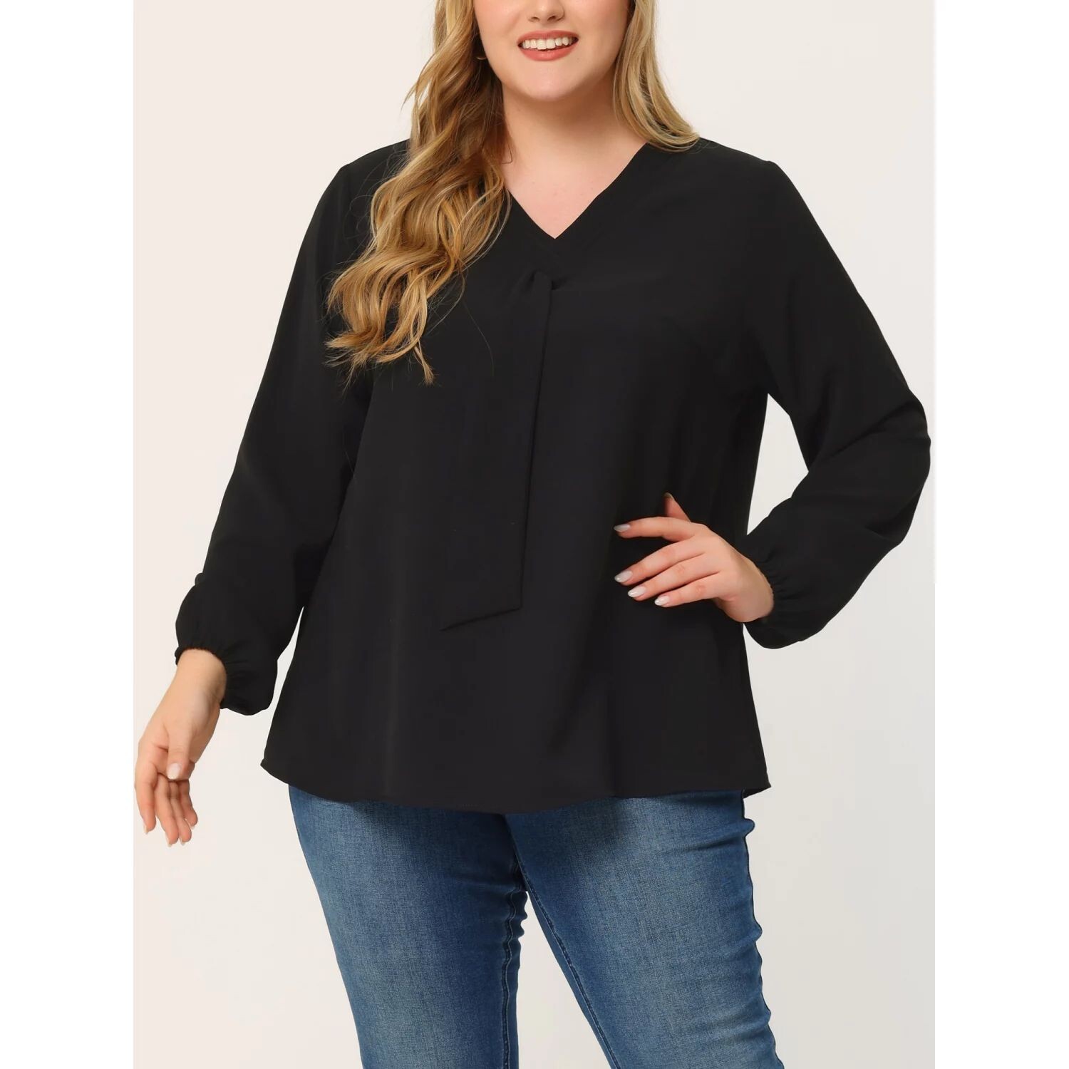 Женская модная рабочая шифоновая блузка больших размеров с длинными рукавами и лентой спереди Agnes Orinda, черный 
Женская модная рабочая шифоновая блузка больших размеров с длинными рукавами и лентой спереди Agnes Orinda, черный
