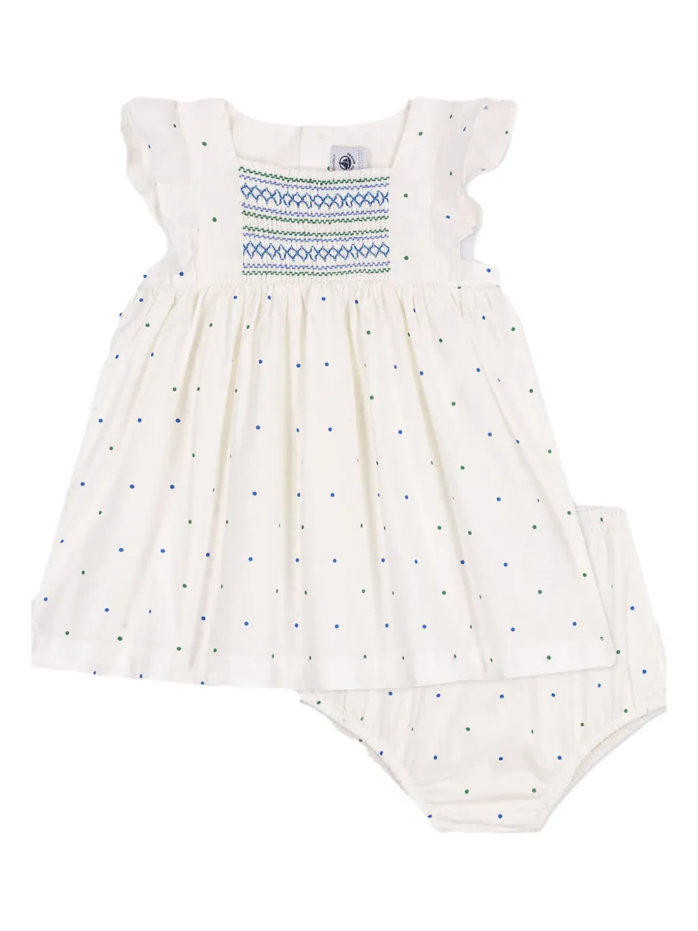 Комплект из платья и блумеров в горох Petit Bateau, белый 
Комплект из платья и блумеров в горох Petit Bateau, белый