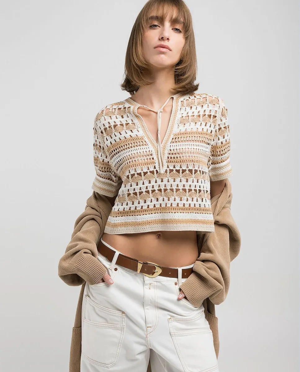 Женский хлопковый свитер с короткими рукавами Replay, бежевый 
Женский хлопковый свитер с короткими рукавами Replay, бежевый