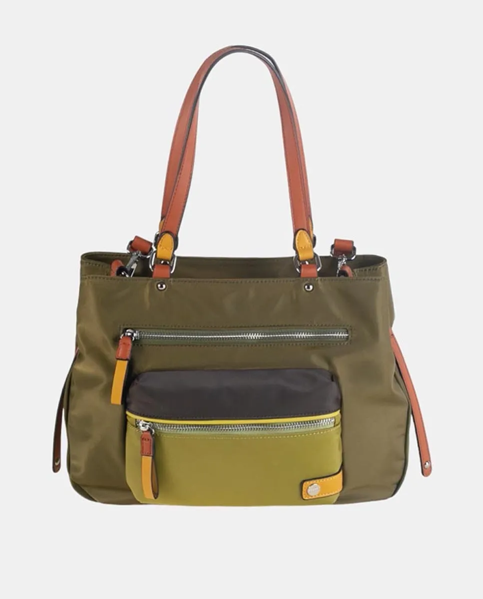 Сумка через плечо с двумя ручками из нейлона, с комбинацией ручек и застежек, а также логотипами из кожи и желтого цвета Volum, хаки
Сумка через плечо с двумя ручками из нейлона, с комбинацией ручек и застежек, а также логотипами из кожи и желтого цвета Volum, хаки