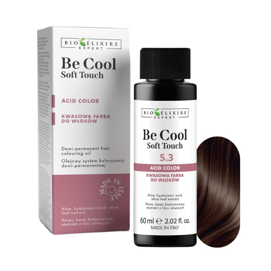 BIOELIXIRE Кислотная краска для волос Be Cool SOFT TOUCH - 5.3 Светло-золотистый каштан - 60 мл
BIOELIXIRE Кислотная краска для волос Be Cool SOFT TOUCH - 5.3 Светло-золотистый каштан - 60 мл