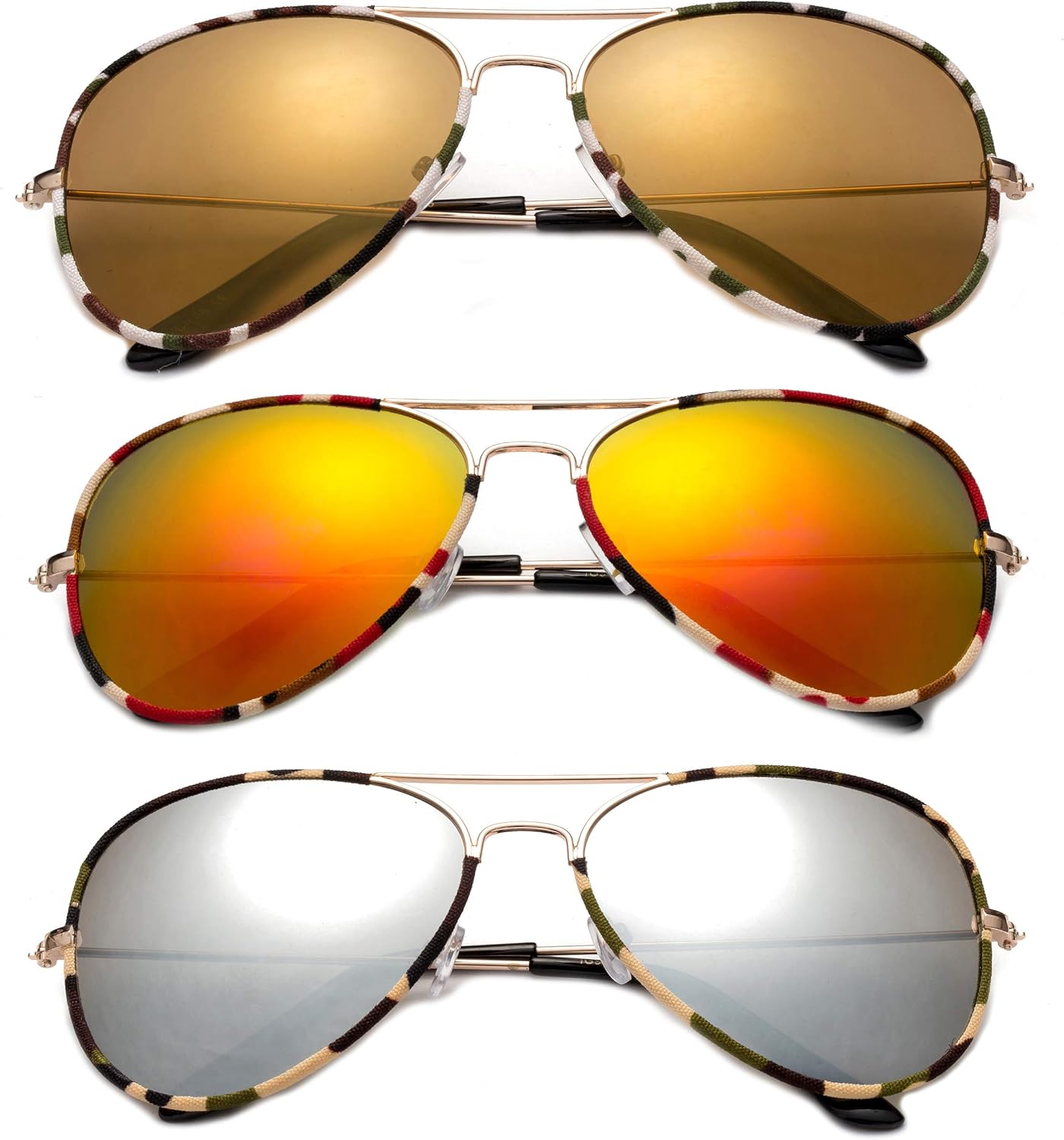 Комплект из 3 солнцезащитных очков-авиаторов Newbee Fashion из камуфляжной парусины с металлической оправой для мужчин и женщин, с зеркальными линзами и защитой от УФ-излучения UV400, 3 Pack Orange, Mirror & Brown
Комплект из 3 солнцезащитных очков-авиаторов Newbee Fashion из камуфляжной парусины с металлической оправой для мужчин и женщин, с зеркальными линзами и защитой от УФ-излучения UV400, 3 Pack Orange, Mirror & Brown