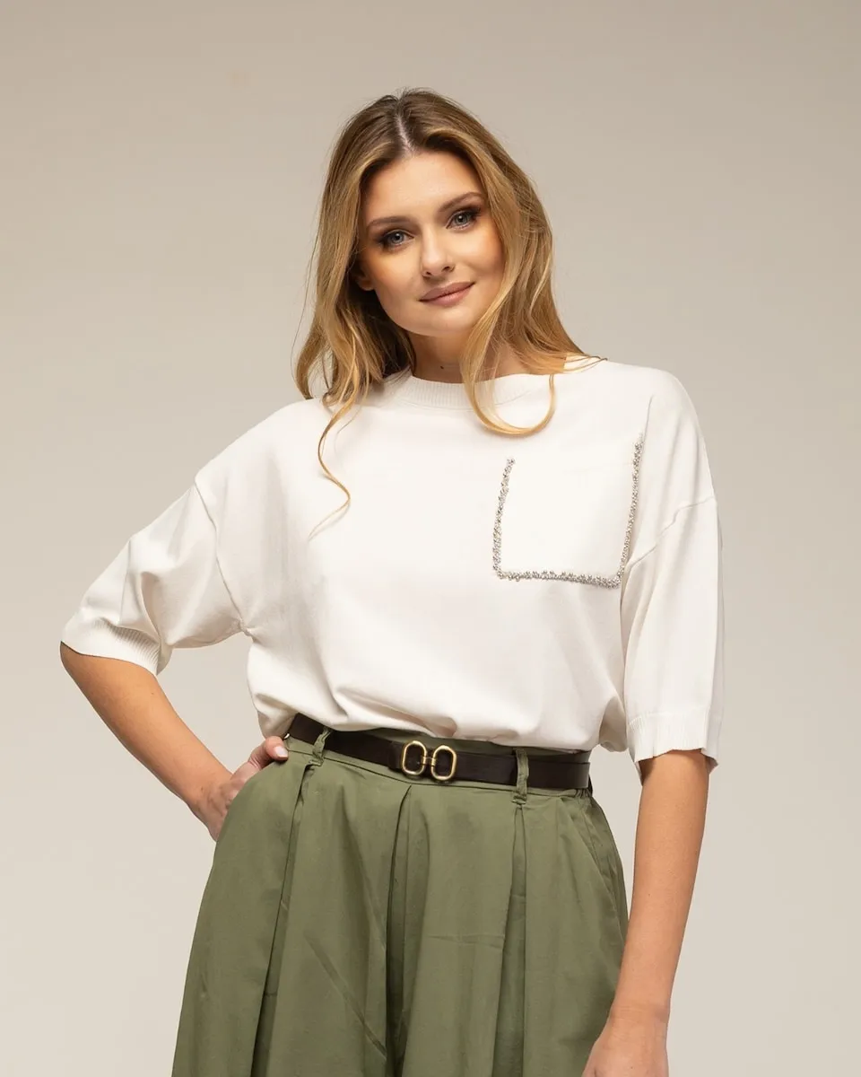 Женский свитер с карманом и отделкой стразами Tantra, белый 
Женский свитер с карманом и отделкой стразами Tantra, белый