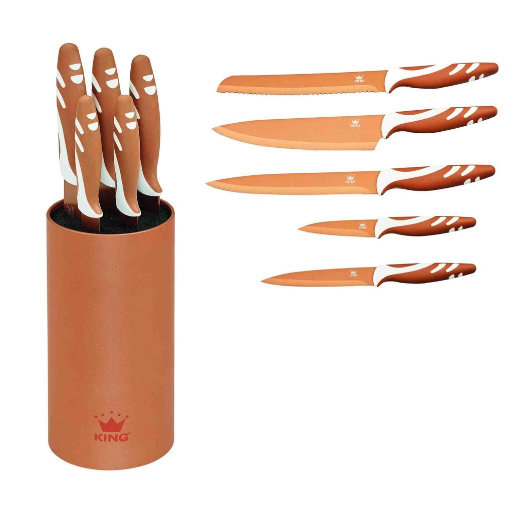 6 штук Набор блоков ножей KING COPPER с лезвиями из нержавеющей стали с покрытием плюс блок ножей / 1 поварской нож 20 см, 1 нож для хлеба 20 см, 1 универсальный нож 12,5 см, 1 нож для обвалки 20 см, 1 нож для овощей 8,5 см Juergen Klein
6 штук Набор блоков ножей KING COPPER с лезвиями из нержавеющей стали с покрытием плюс блок ножей / 1 поварской нож 20 см, 1 нож для хлеба 20 см, 1 универсальный нож 12,5 см, 1 нож для обвалки 20 см, 1 нож для овощей 8,5 см Juergen Klein
