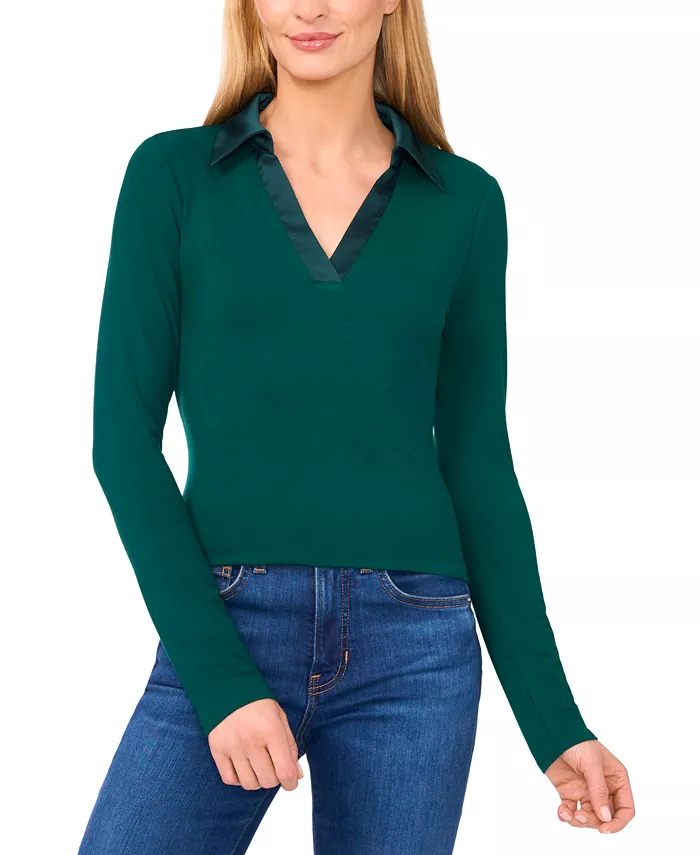 Женский трикотажный топ с длинным рукавом и тканым воротником CeCe, зеленый 
Женский трикотажный топ с длинным рукавом и тканым воротником CeCe, зеленый