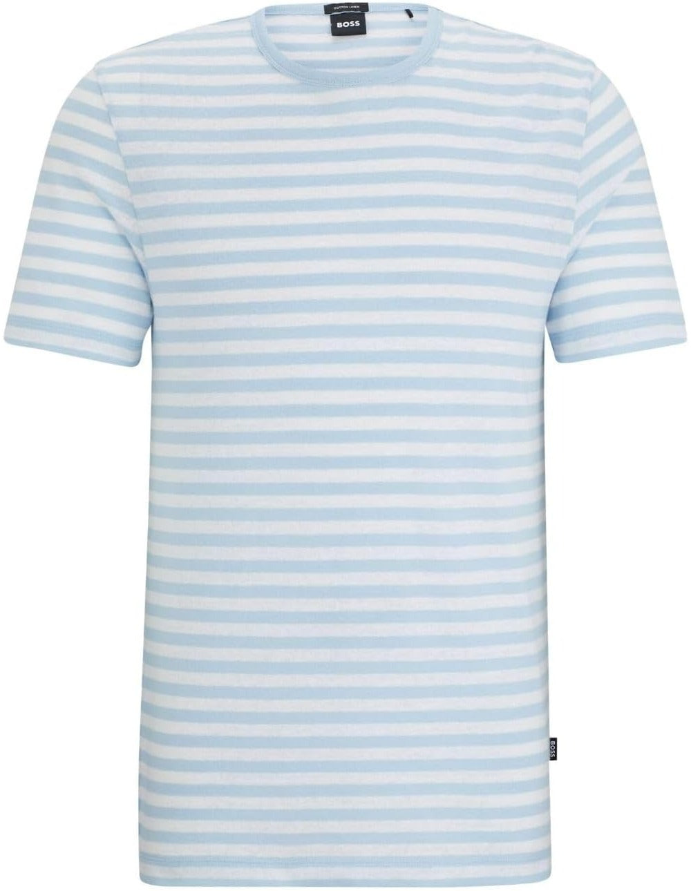 Футболка мужская Hugo Boss Tiburt 457 из льна в полоску с коротким рукавом и круглым вырезом, светло-голубая/белая 
Футболка мужская Hugo Boss Tiburt 457 из льна в полоску с коротким рукавом и круглым вырезом, светло-голубая/белая