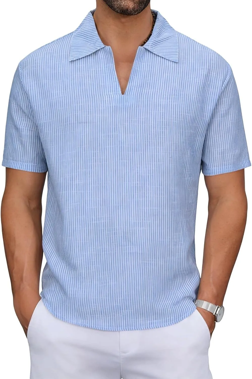 Мужская футболка с v-образным вырезом в полоску из мягкого льна
Мужская футболка с v-образным вырезом в полоску из мягкого льна