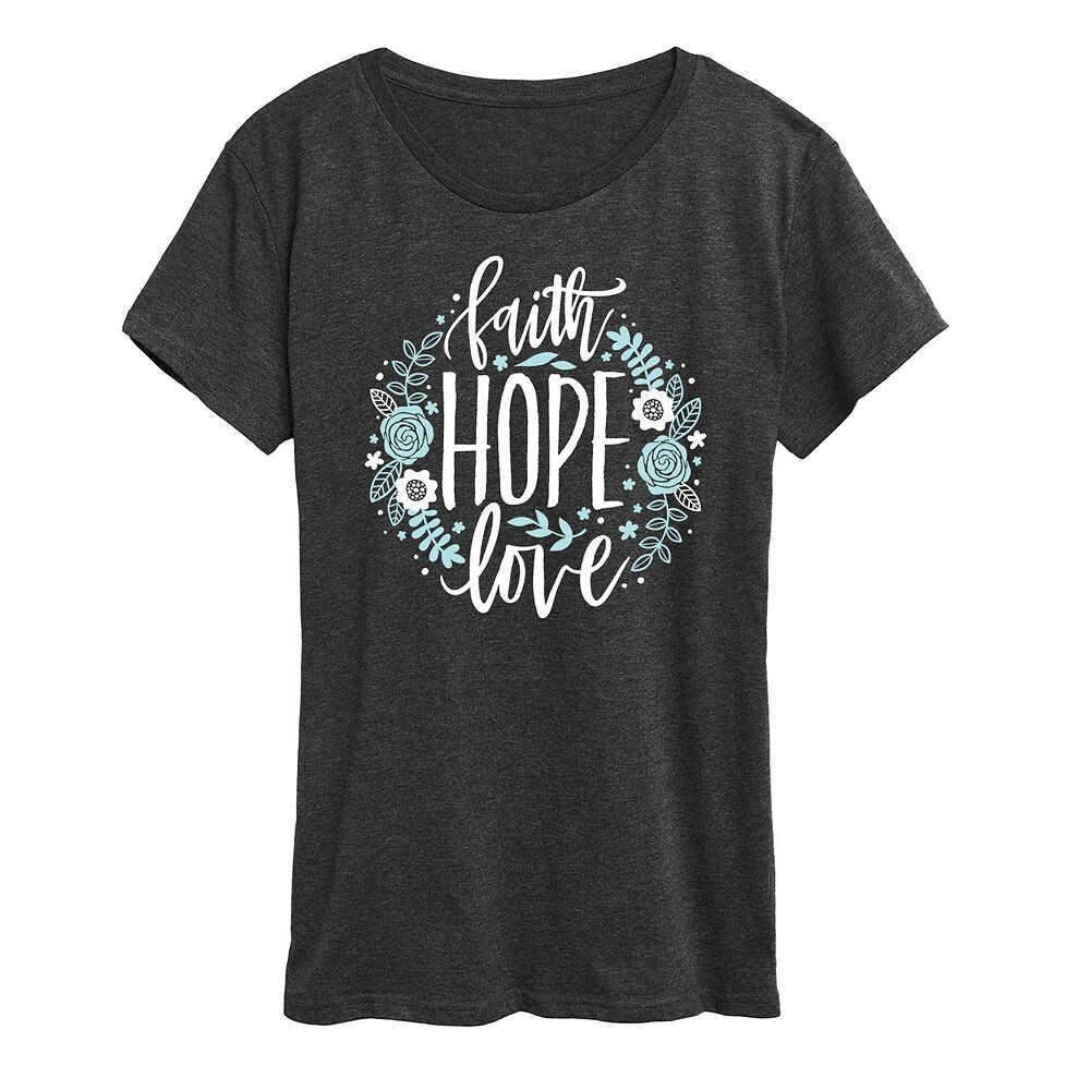 Женская футболка Faith Hope Love с цветочным рисунком и рисунком, цвет Heather Charcoal
Женская футболка Faith Hope Love с цветочным рисунком и рисунком, цвет Heather Charcoal