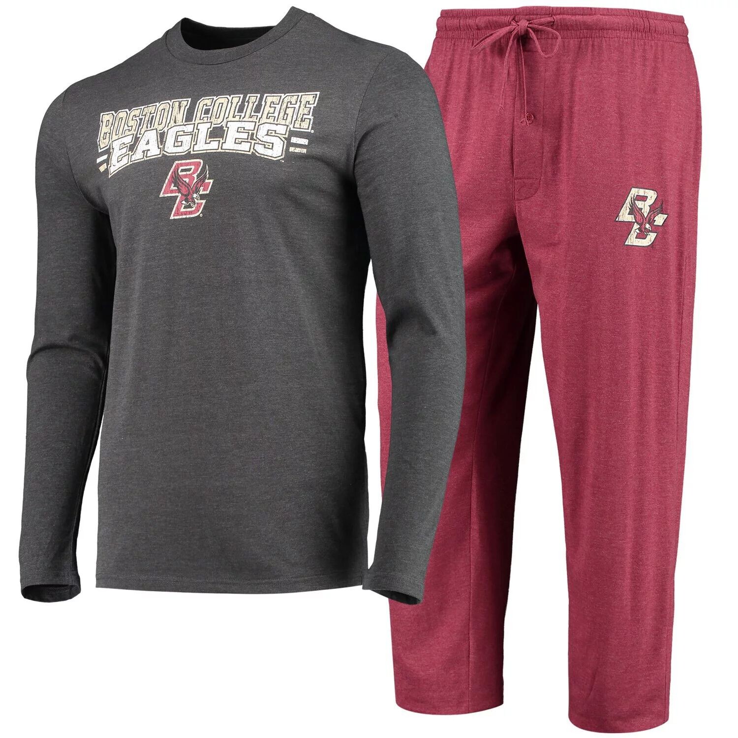Мужская футболка Concepts Sport Maroon/Heared Charcoal Boston College Eagles Meter с длинными рукавами и брюками, комплект для сна