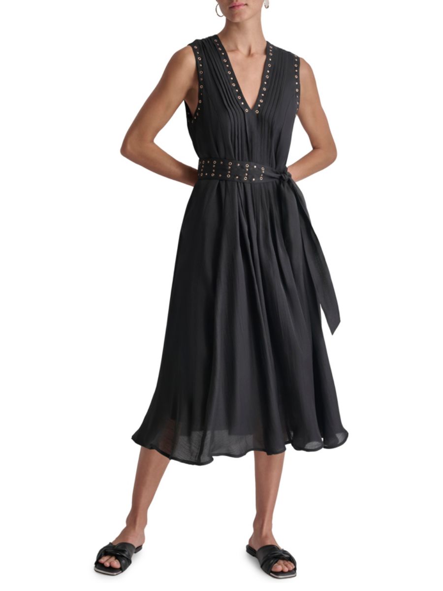 Платье миди без рукавов с V-образным вырезом и люверсами DKNY, черный
Платье миди без рукавов с V-образным вырезом и люверсами DKNY, черный