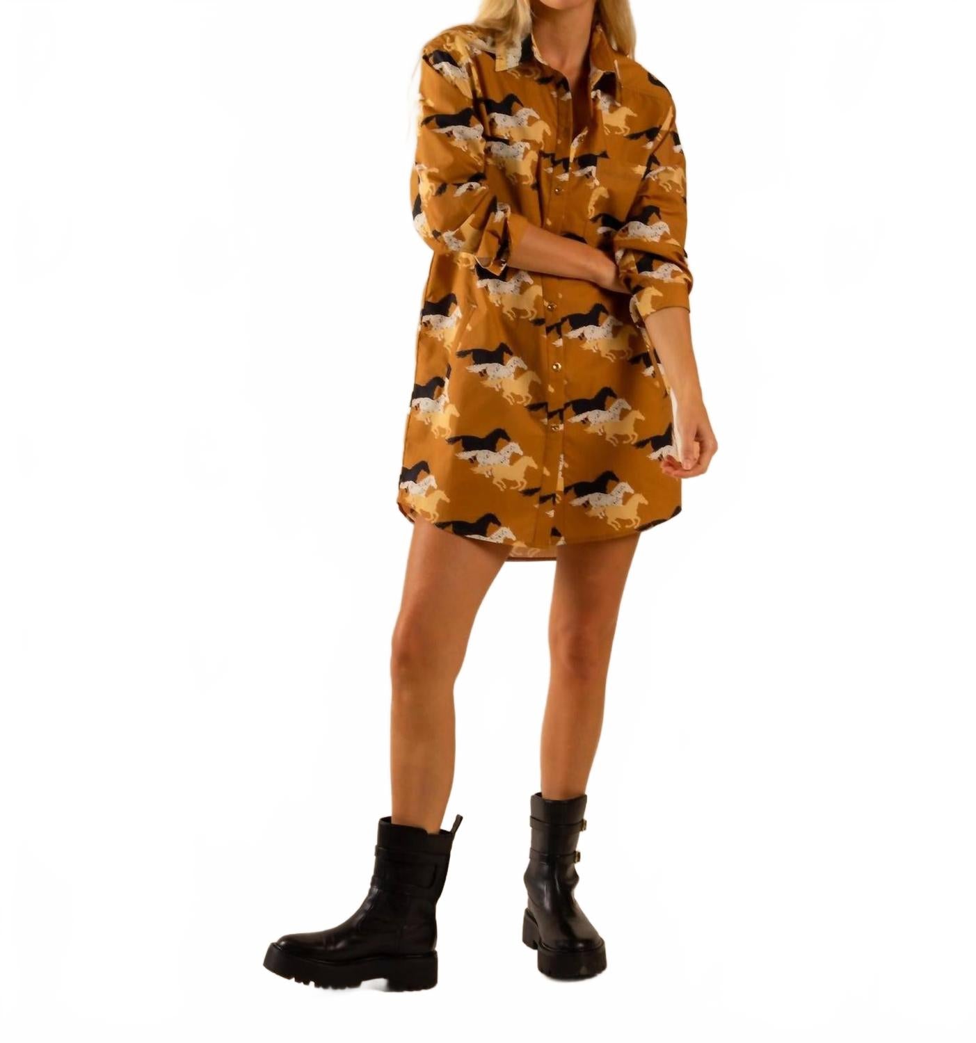 Платье-рубашка Preslie из поплина - принт "Дикие лошади" в коричневом цвете Care Tucker 
Платье-рубашка Preslie из поплина - принт "Дикие лошади" в коричневом цвете Care Tucker