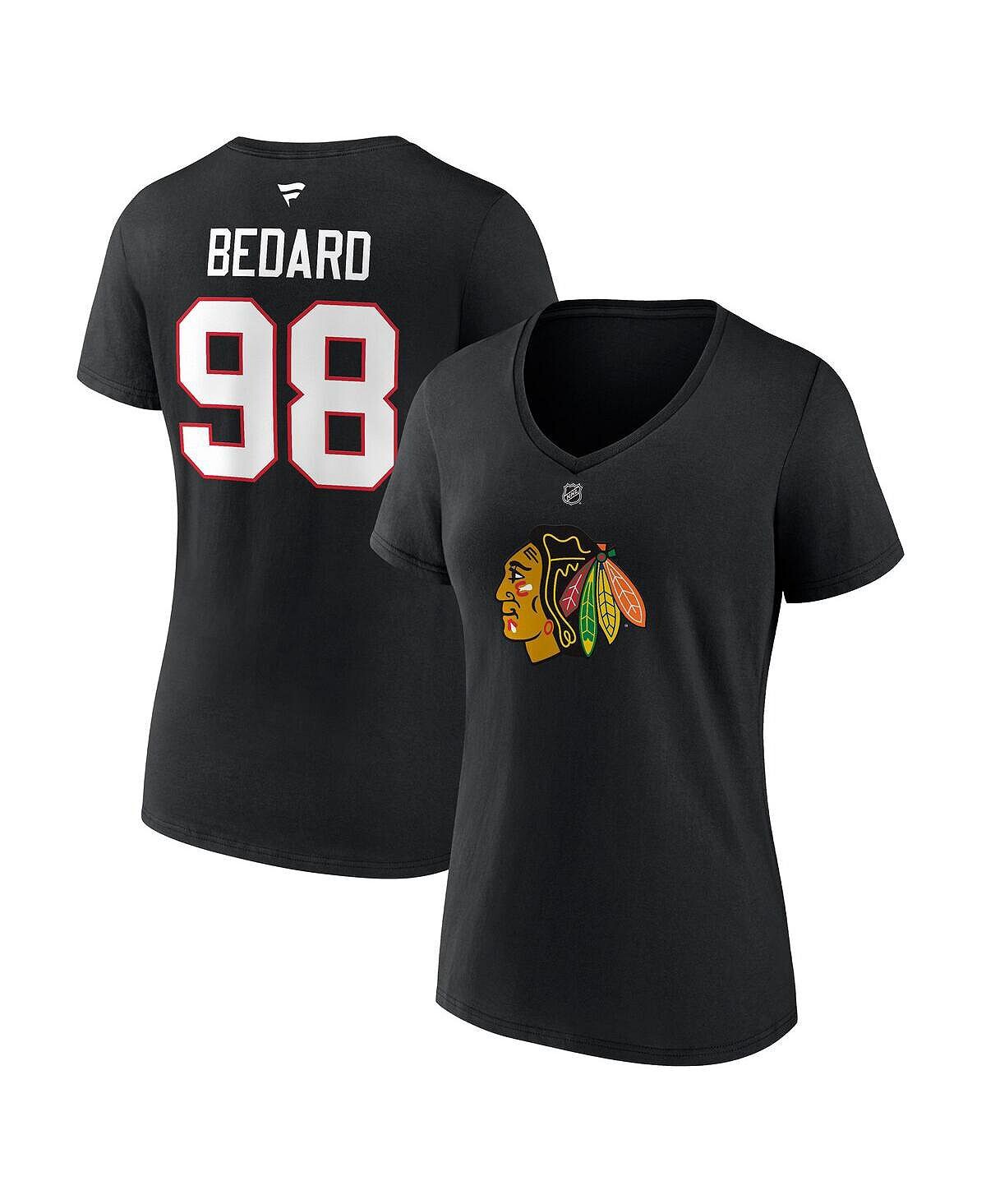 Женская черная футболка с фирменным логотипом Connor Bedard Chicago Blackhawks NHL Draft 2023, имя и номер игрока с v-образным вырезом Fanatics, черный 
Женская черная футболка с фирменным логотипом Connor Bedard Chicago Blackhawks NHL Draft 2023, имя и номер игрока с v-образным вырезом Fanatics, черный
